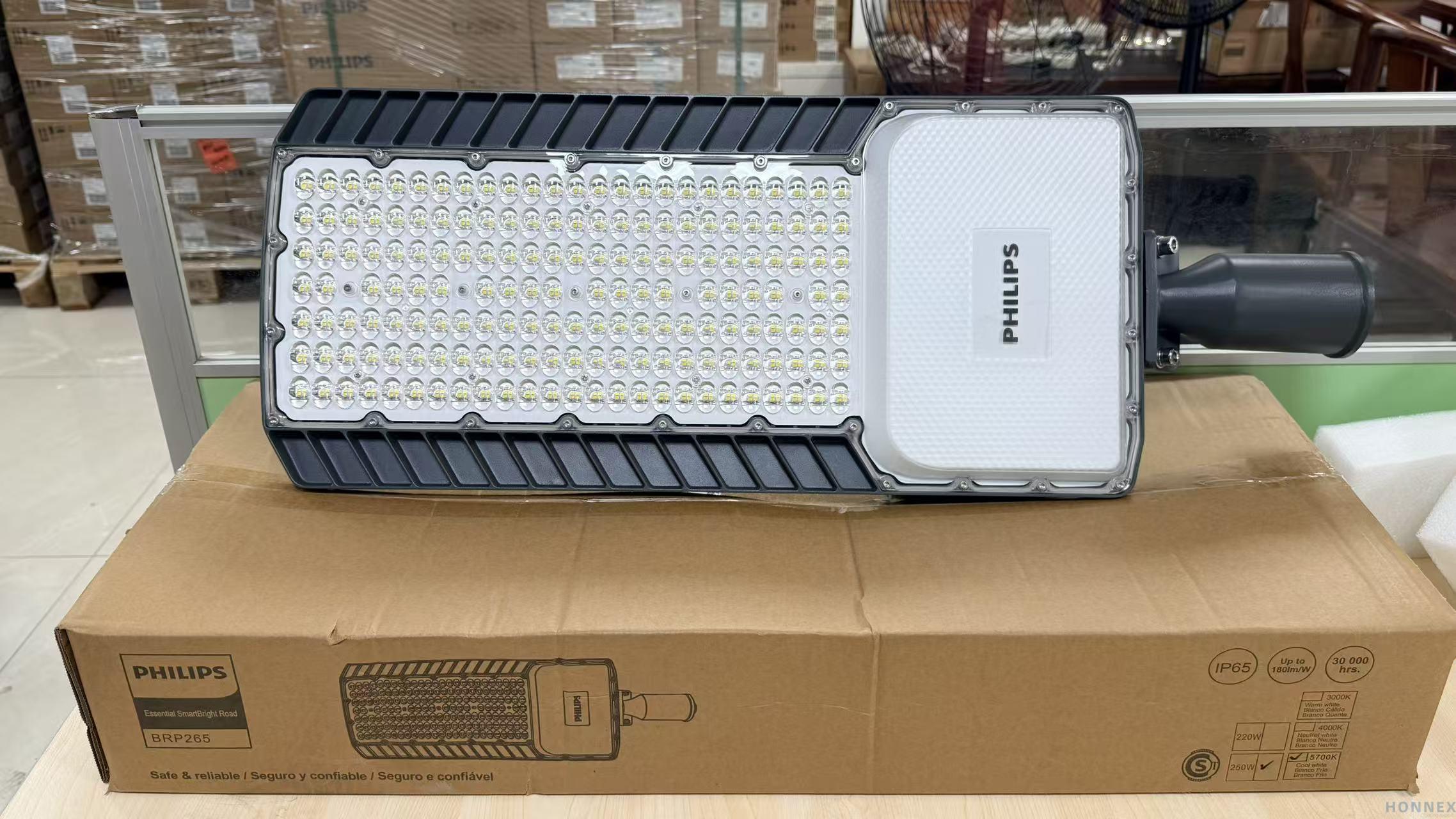 PHILIPS BRP265 250W SmartBright LED Road Light — flagship 220W/250W model with 751×276mm housing, prominent PHILIPS badge and maximum 45,000lm output