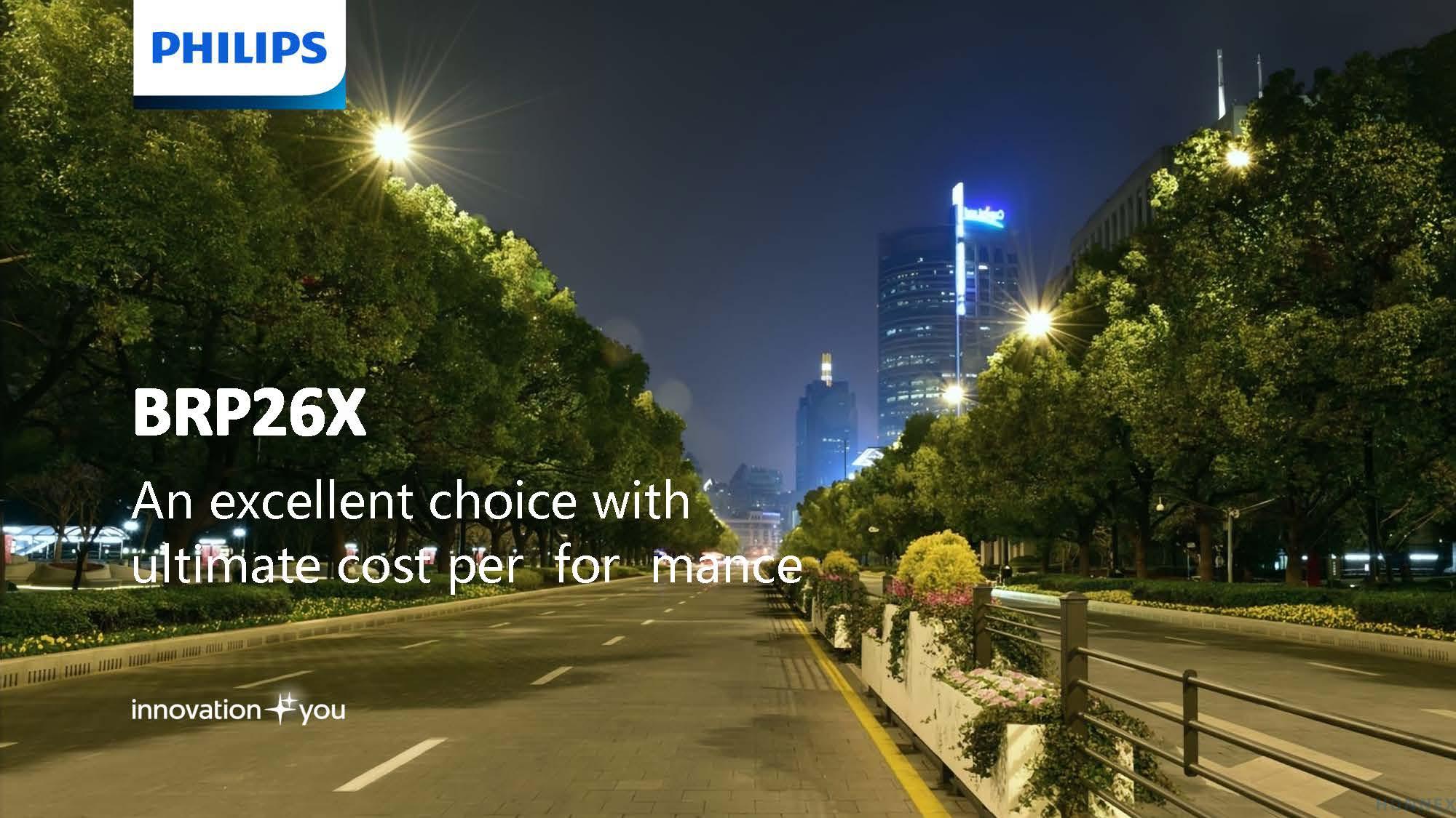 PHILIPS BRP26X illuminating urban tree-lined boulevard at night with bright uniform DM0 light distribution