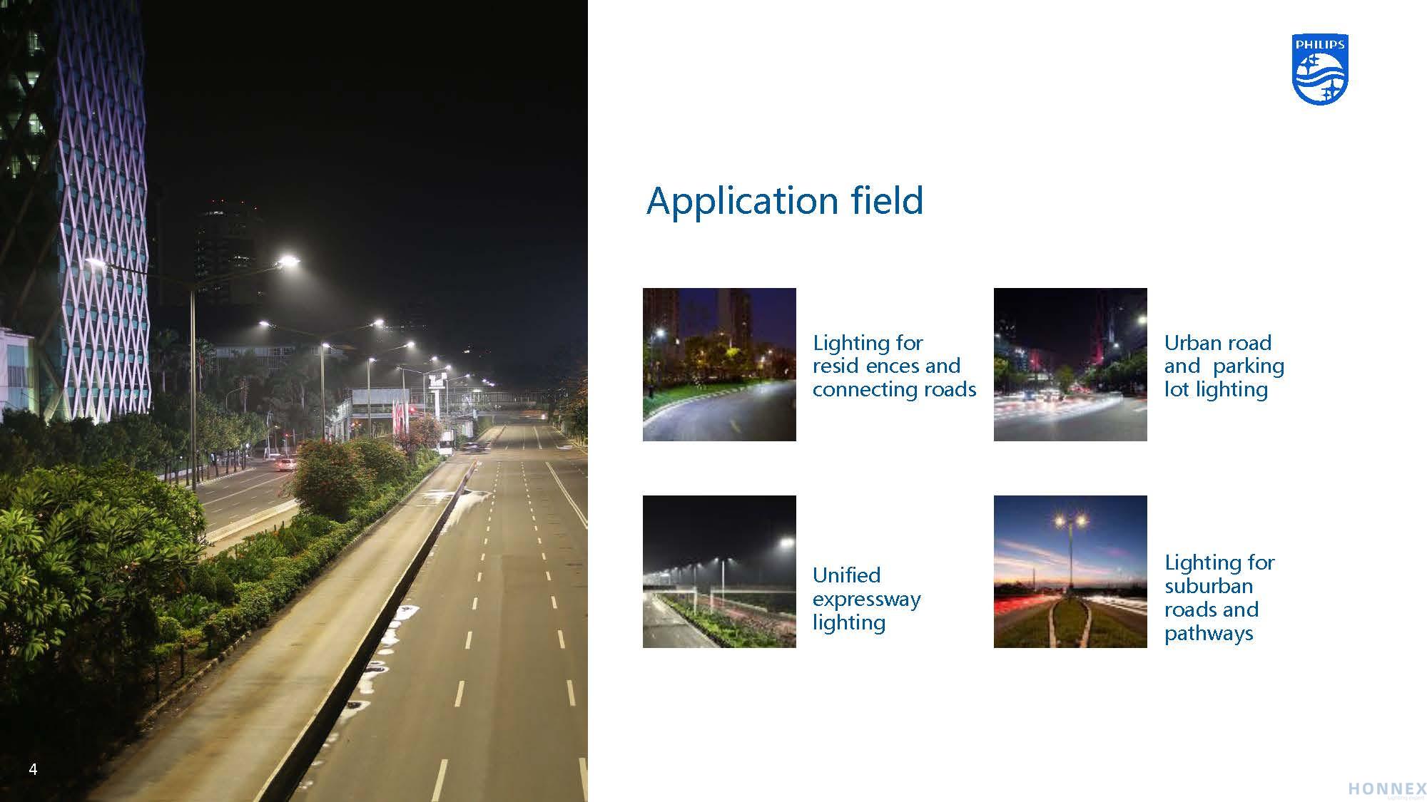 PHILIPS BRP26X SmartBright LED Road Light — four application scenes including suburban roads, parking lots, expressways, and pathways