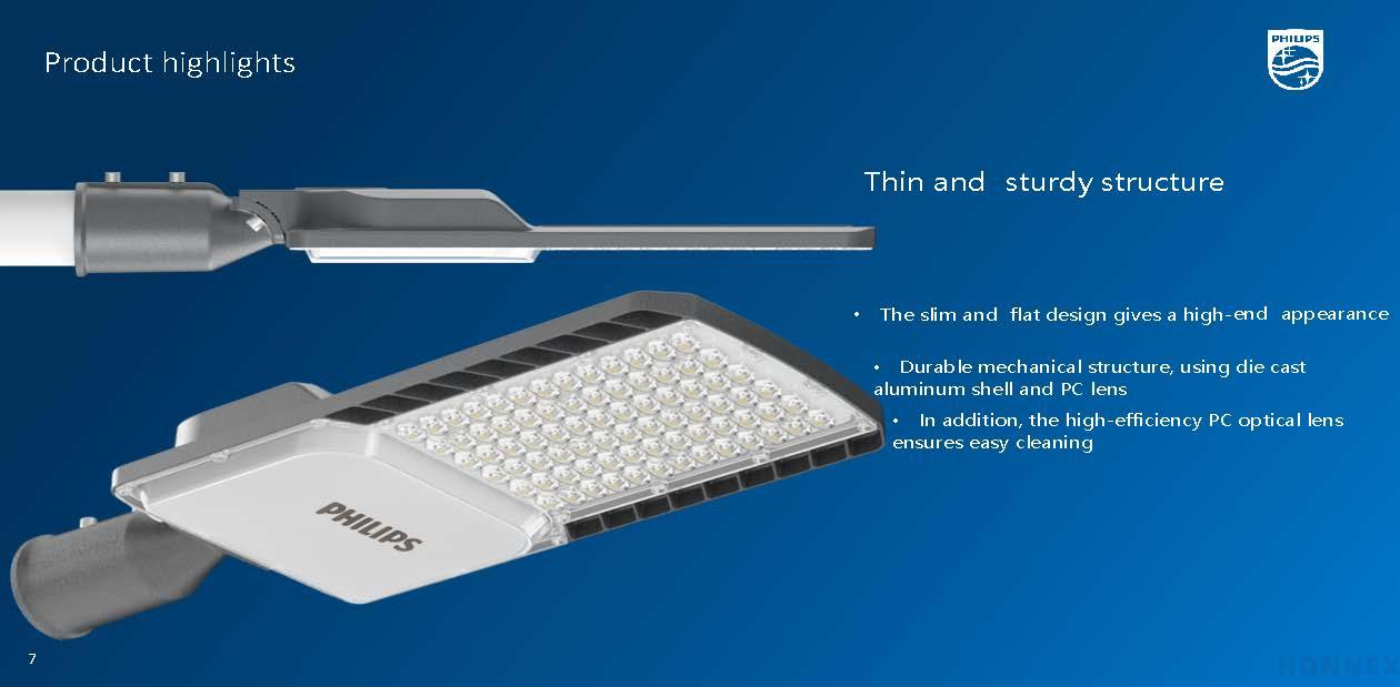 PHILIPS BRP26X SmartBright LED Road Light — side profile showing slim flat design and adjustable side-entry spigot mount with 0.4m pre-wired cable