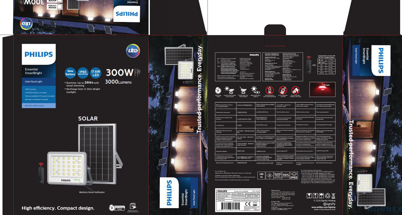 PHILIPS BVC010 LED Solar Floodlight retail packaging box full dieline with all panels and spec table