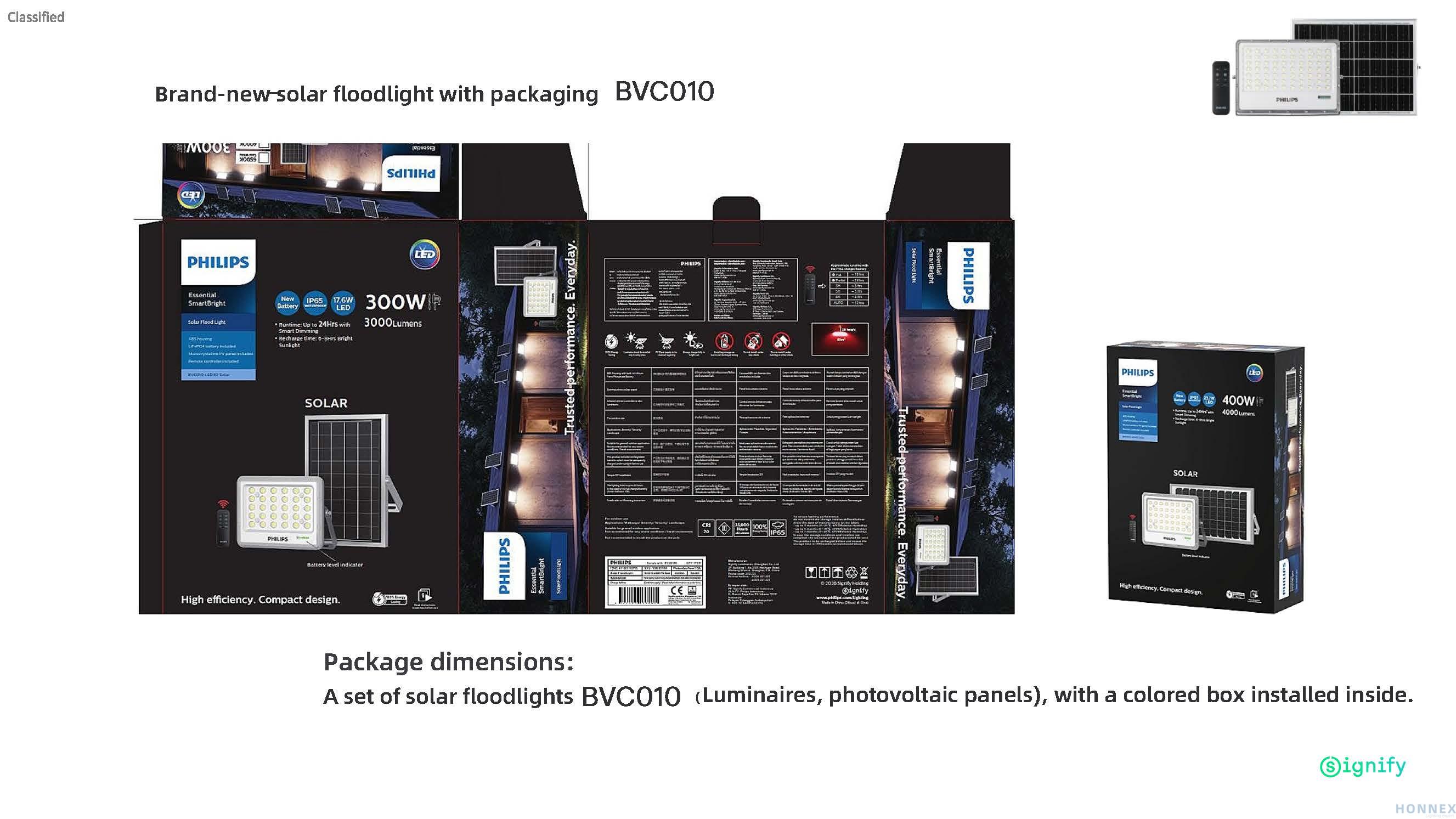 PHILIPS BVC010 LED Solar Floodlight packaging dieline with front back side panels and finished shelf box