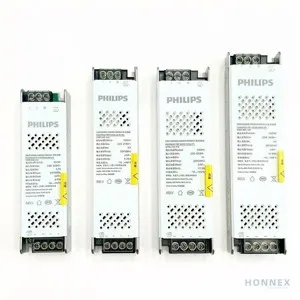 PHILIPS CertaDrive SPS 24VDC driver family — four core wattage variants (60W, 100W, 200W, 300W) arranged in order of housing size, each carrying a PHILIPS front label and yellow Signify authenticity sticker
