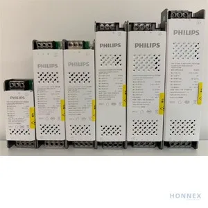 PHILIPS CertaDrive SPS 24VDC driver lineup — five wattage variants shown in front three-quarter view with PHILIPS front labels