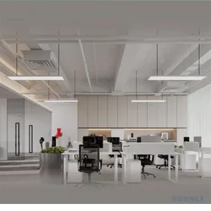 PHILIPS SP130S suspended LED classroom lights in a multimedia classroom with projector screen and loudspeakers