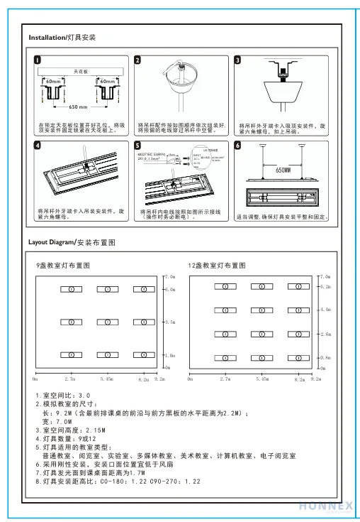 PHILIPS SP130S 6-step installation sequence - ceiling fixing, cable routing, rod threading, body mounting, wiring and levelling