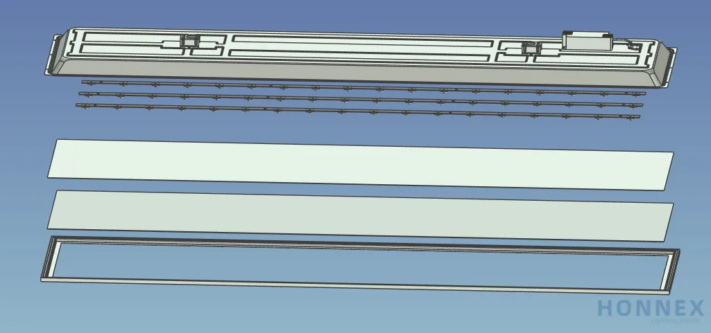 PHILIPS SP130S internal construction with steel housing, aluminium frame, LED strips and PS diffuser